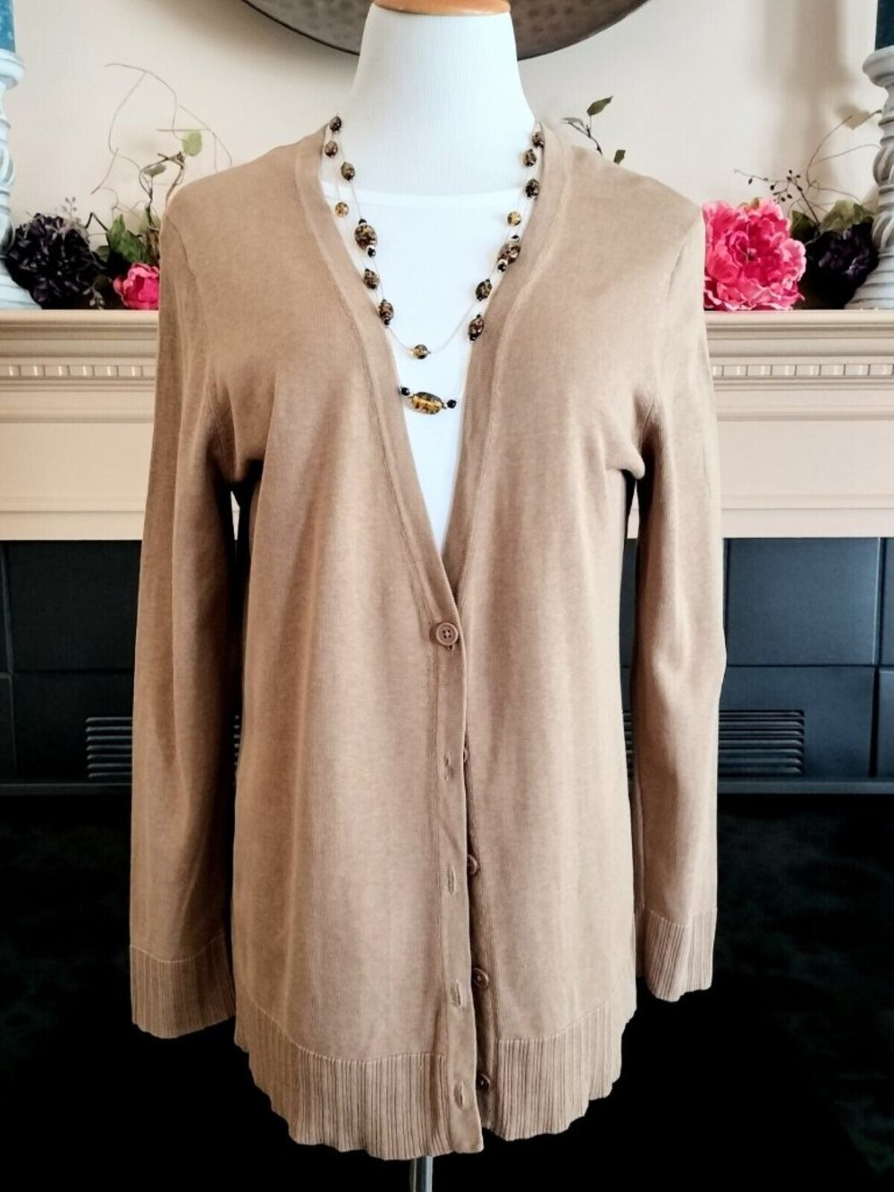 Coldwater Creek Silk Cotton Button Front Cardigan L 14 Tan Long Sleeve Nice